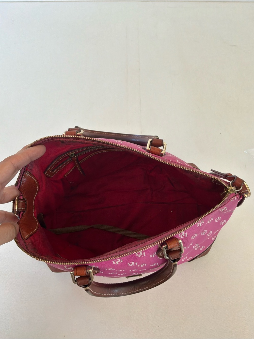 Dooney & Bourke Pink DB Monogram Satchel Top Handle Handbag Purse Leather Trim - Picture 7 of 14
